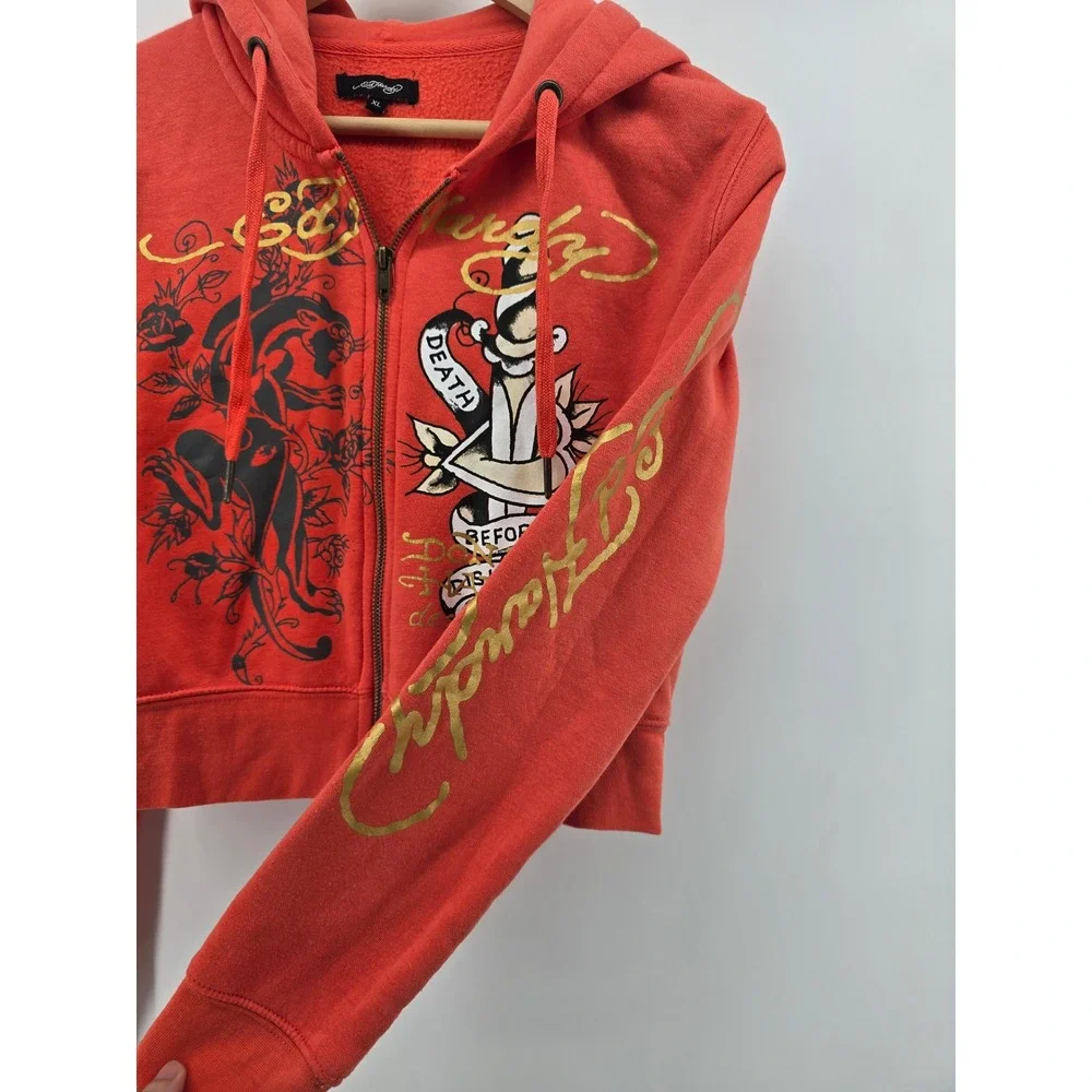 Ed Hardy Hoodie Womens XL Red Cropped Zip Up Tattoo Graphic Panther Dagger Y2K